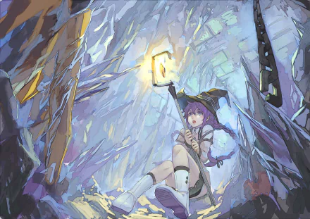 HD PC desktop wallpaper featuring Roxy Migurdia from the anime Mushoku Tensei: Jobless Reincarnation, depicted in a softly lit cave setting with magical elements.