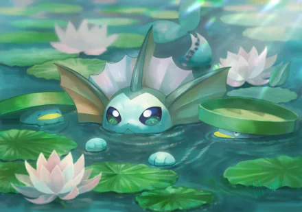 A vibrant 4K Ultra HD PC desktop wallpaper featuring Vaporeon swimming among lily pads with Lotad in a serene Pokémon video game environment.