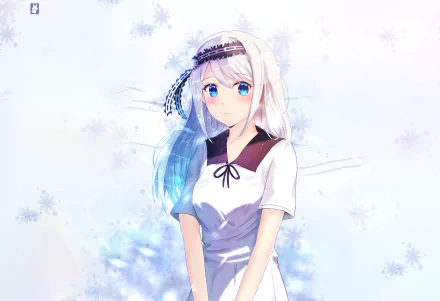 A high-definition desktop wallpaper featuring Kei Shirogane from Kaguya-sama: Love is War. The anime character has white hair, blue eyes, and a blush on her cheeks, standing against a snowflake backdrop.