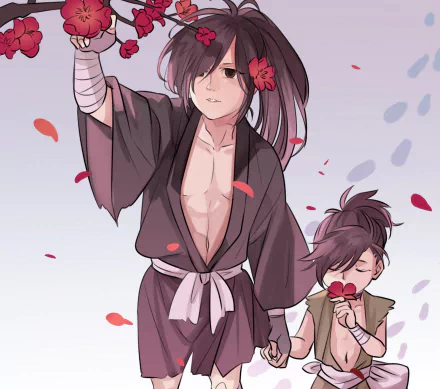 HD anime desktop wallpaper featuring Hyakkimaru and Dororo from the series Dororo, with petals falling gently against a soft sky background.