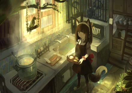 Anime girl with brown hair, brown eyes, and pointed ears, holding a tray in a cozy kitchen as a bird perches by the window. HD desktop wallpaper.