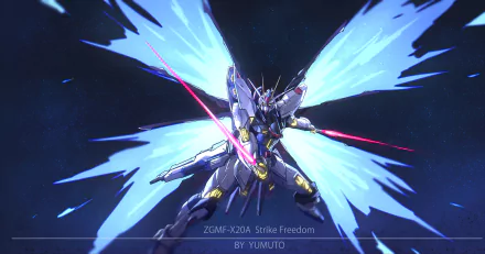 Anime Mobile Suit Gundam 4K Ultra HD PC desktop wallpaper: ZGMF-X20A Strike Freedom Gundam with radiant blue energy wings and twin pink beam sabers over a starry space backdrop.