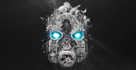 HD desktop wallpaper for Borderlands 3 featuring an intricately detailed mask with bright blue eyes against a dark background.