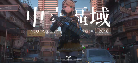 HD PC desktop wallpaper featuring an original anime character holding a weapon in a futuristic urban setting, with bold Japanese text and a neutral zone theme.