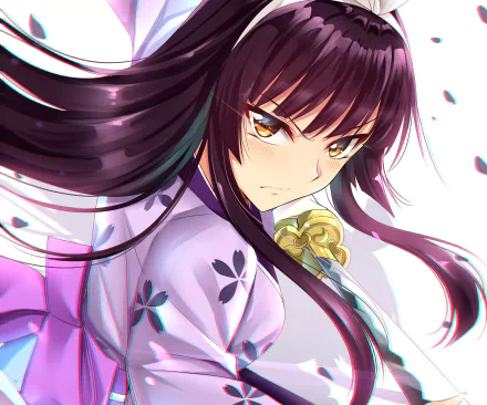 Kagura Mikazuchi from Fairy Tail in dynamic pose with flowing dark hair, wearing a purple floral outfit, featured in an HD anime desktop wallpaper background.