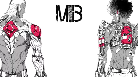 HD anime wallpaper featuring Yuri and Joe from Megalo Box, showcasing their robotic arms and the MB logo centered on a white background.