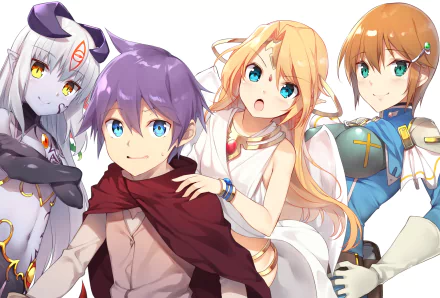 2K Quad HD PC wallpaper from the video game Monster Girl Quest: anime-style background of four characters — purple-haired hero, blonde catgirl, white-haired succubus and armored ally.