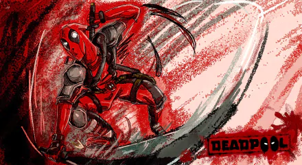 HD PC desktop wallpaper featuring the comic character Deadpool in a dynamic action pose with red and black brushstroke effects.