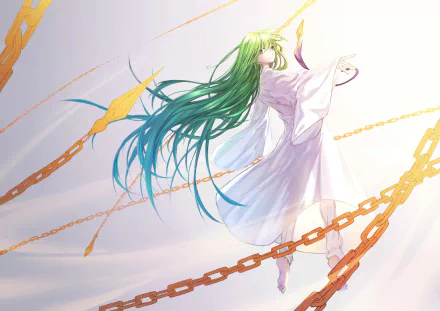 HD PC desktop wallpaper featuring Enkidu from the anime Fate/Grand Order, depicted with flowing green hair and golden chains against a light background.