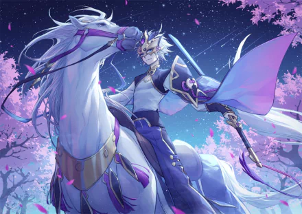 Lanling Wang from Fate/Grand Order in detailed anime style, riding a white horse under a starry sky with cherry blossoms, featured as an HD PC desktop wallpaper.