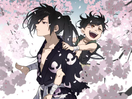 HD wallpaper of Hyakkimaru and Dororo from the anime Dororo. Hyakkimaru carries a cheerful Dororo on his back amid a shower of pastel pink cherry blossoms.