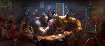 HD comic crossover wallpaper featuring various superheroes and villains in a bar, arm wrestling and socializing.