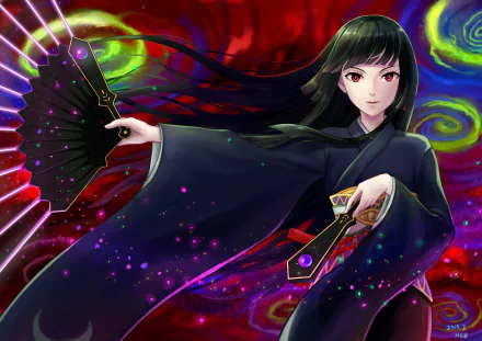 HD desktop wallpaper featuring Glass from The Rising of the Shield Hero anime. She has striking red eyes and is depicted holding a fan, set against a vibrant, swirling background.