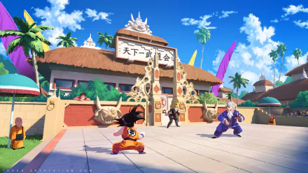 HD anime wallpaper featuring Goku and Vegeta in a vibrant Dragon Ball setting with clear blue skies and detailed architecture in the background.