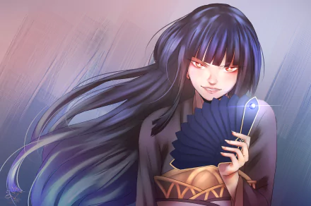 HD PC desktop wallpaper featuring Glass from the anime The Rising of the Shield Hero, holding a fan with a mysterious and intense expression.