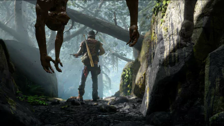 Deacon St. John stands in a misty forest, facing eerie hanging hands, in a dark, atmospheric scene from the video game Days Gone, rendered in 4K Ultra HD.