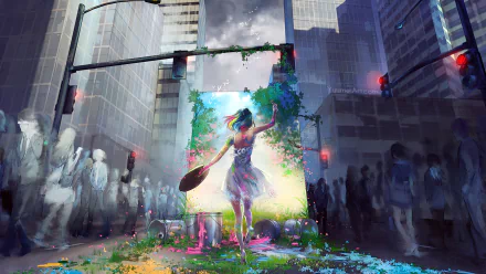 Anime-style painting depicting a girl dancing with a guitar under a floral arch in a bustling cityscape, designed as a vivid HD desktop wallpaper.