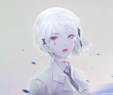HD anime-style original artwork featuring a pale-skinned character with white hair and red eyes, designed as a PC desktop wallpaper and background.