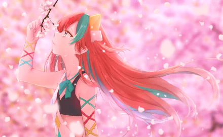 4K Ultra HD anime-style wallpaper of Pinky Pop Hepburn, a Virtual Youtuber, surrounded by vibrant pink cherry blossoms in a soft, dreamy background.