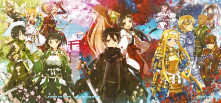 HD wallpaper featuring characters from Sword Art Online: Alicization in vibrant, detailed attire, set against a picturesque, colorful background.