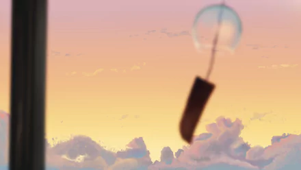 Anime-style 4K Ultra HD desktop wallpaper featuring a serene sky at sunset with soft pastel clouds and a blurred wind chime in the foreground.