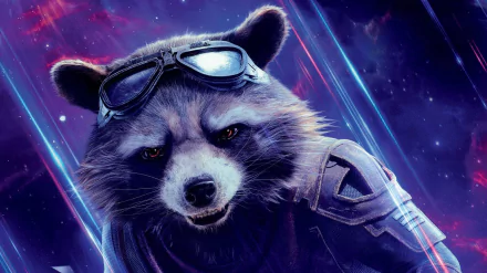 HD desktop wallpaper featuring Rocket Raccoon from the movie Avengers: Endgame, set against a vibrant and cosmic background.
