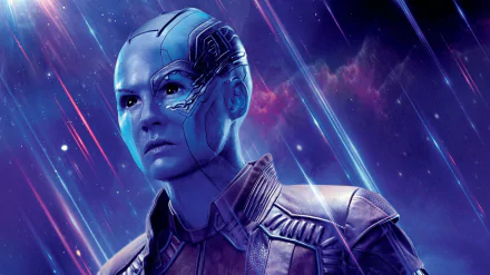 A striking HD wallpaper featuring Karen Gillan as Nebula from Marvel's Avengers: Endgame, showcasing her intense expression against a cosmic background.