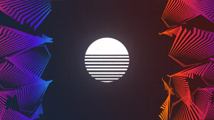HD desktop wallpaper featuring a retro wave, synthwave artistic design with a stylized striped white sun at the center, flanked by colorful digital patterns in blue and red hues.