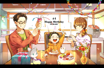 2K Quad HD anime wallpaper: Subaru Natsuki celebrates his birthday with parents Naoko and Kenichi Natsuki at a festive table — Re:Zero - Starting Life in Another World.
