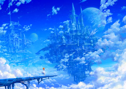 Anime-style HD desktop wallpaper depicting a fantastical sky city with floating islands and clouds, and a distant figure standing on a platform.