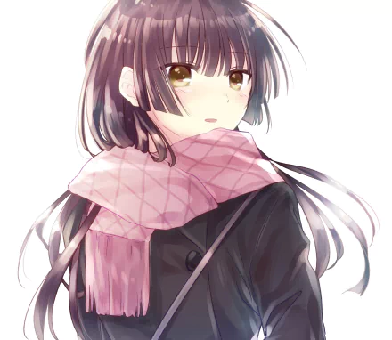 HD anime wallpaper featuring Harumi Taniguchi from Citrus, showcasing her with a pink scarf and a dark coat against a light background.