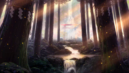 HD desktop wallpaper of an anime forest with a serene shrine. Sunlight filters through tall trees, creating a magical ambiance with a flowing stream in the foreground.