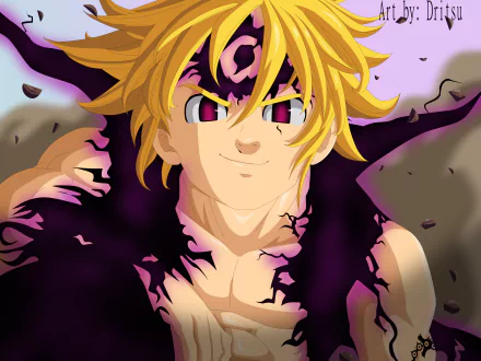4K Ultra HD anime wallpaper featuring Meliodas from The Seven Deadly Sins with intense eyes and dark energy swirling around him.