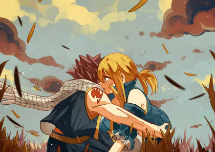 HD anime desktop wallpaper featuring Lucy Heartfilia and Natsu Dragneel from Fairy Tail sharing a close, emotional moment amid a cloudy sky backdrop.