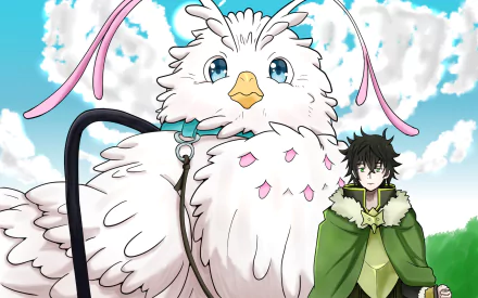HD wallpaper: Filo in her giant white bird form with Naofumi Iwatani from The Rising of the Shield Hero, standing together under a bright blue sky.