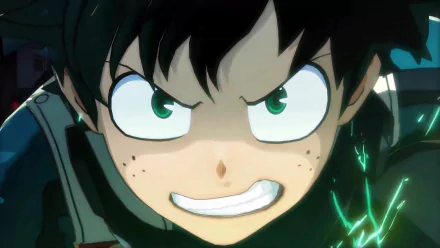 Close-up of Izuku Midoriya from My Hero Academia, glaring with clenched teeth and green energy sparks — HD anime PC desktop wallpaper.