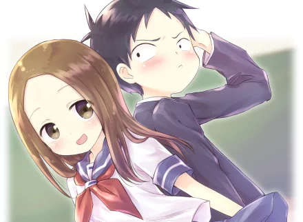 HD anime desktop wallpaper featuring Nishikata and Takagi from Teasing Master Takagi-san, showcasing their playful and teasing dynamic in bright, soft colors.