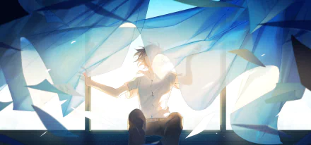 HD anime-style original artwork featuring a person framed by flowing translucent blue fabric, illuminated by bright window light, designed as a PC desktop wallpaper.