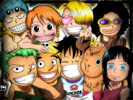 Vibrant 4K Ultra HD One Piece wallpaper featuring Tom, Brook, Nami, Franky, Zoro, Sanji, Usopp, Nico Robin, and Monkey D. Luffy in a lively anime group pose.