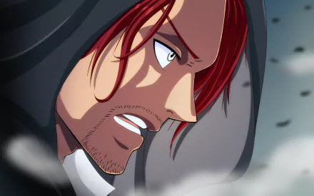 HD desktop wallpaper featuring Shanks from One Piece. Anime art showcases Shanks' intense expression and distinctive red hair, set against a dynamic background.