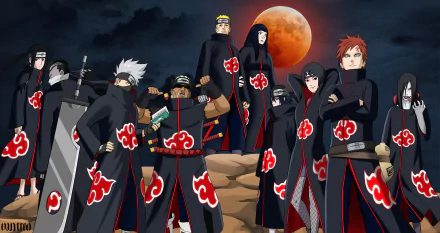 HD PC desktop wallpaper featuring Naruto characters Zabuza Momochi, Killer Bee, Gaara, Orochimaru, Kakashi Hatake, Hinata Hyuga, Naruto Uzumaki, and the Akatsuki under a red moon.