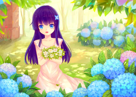 Rea Sanka (Sankarea) anime HD PC desktop wallpaper: purple‑haired girl in a pale pink dress holds white flowers among blue hydrangeas in a sunlit garden.