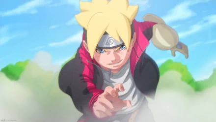Boruto Uzumaki (Boruto anime) lunging forward through dust with a determined look, vibrant sky and greenery — 2K Quad HD PC desktop wallpaper/background.