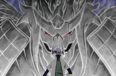 HD desktop wallpaper featuring Kakashi Hatake with his Mangekyō Sharingan activated, summoning Susanoo from the Naruto anime series.