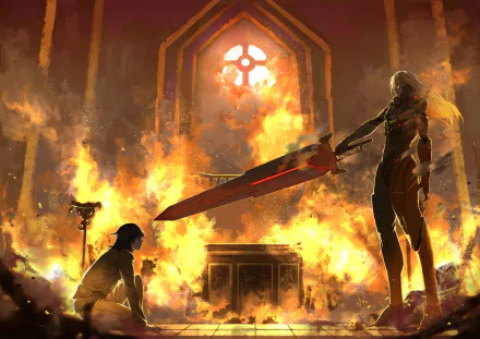 HD anime desktop wallpaper depicting a warrior with a massive sword surrounded by flames and fiery flares inside a burning hall.