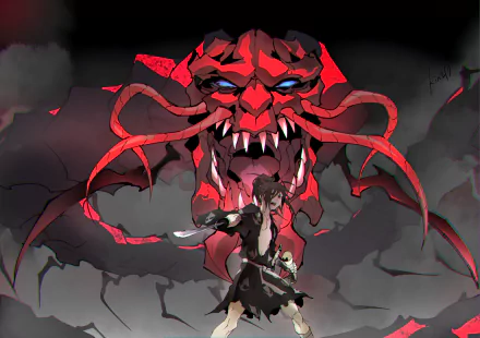 HD PC wallpaper featuring Hyakkimaru and Dororo from the anime, with a dramatic red demon looming behind them in a dark, smoky background.