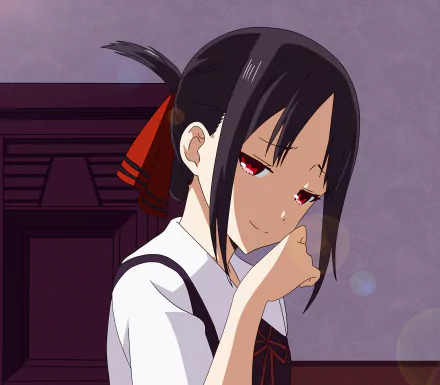 HD PC desktop wallpaper featuring Kaguya Shinomiya from the anime Kaguya-sama: Love is War, showcasing her thoughtful expression against a muted purple background.