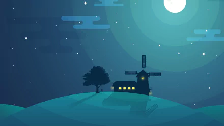 Minimalist artistic HD desktop wallpaper featuring a serene night scene with a glowing windmill on a hill under a full moon and stars.
