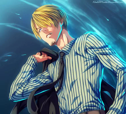 HD anime desktop wallpaper featuring Sanji from One Piece with striking blue lighting and detailed shading, capturing his confident and dynamic character.