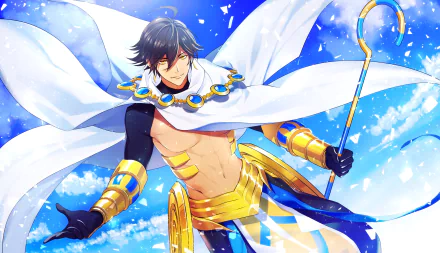 HD PC wallpaper featuring Rider Ozymandias from Fate/Grand Order in vibrant anime style, showcasing his golden armor and flowing white cape against a bright blue sky.